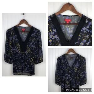 ELLE Women's Floral Print Sheer Chiffon Lightweight Popover Plunging Neck Top XS